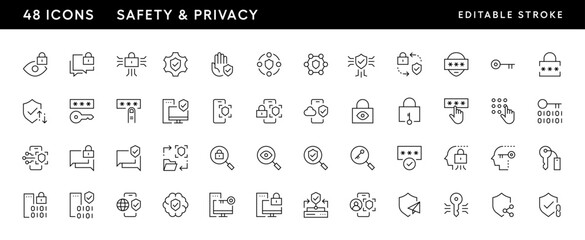 Safety icon collection. Privacy icon set. Shield, privacy, password, user access, access control, cyber security and more. Editable stroke. Pixel Perfect. Grid base 32 x 32.