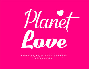Vector Romantic Card Planet Love. Beautiful Cursive Font. Calligraphic White Alphabet Letters and Numbers set