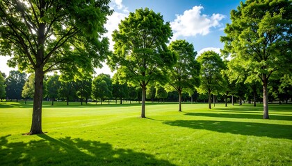 Fototapeta premium Lush green trees and manicured lawn under a partly cloudy sky