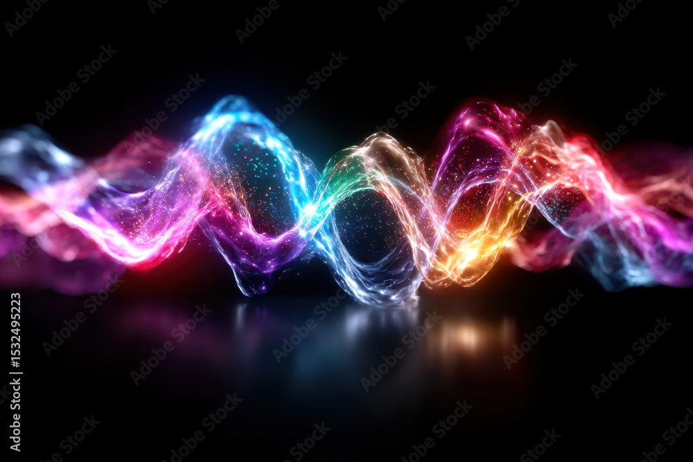 Poster colorful wave patterns create an abstract representation of energy and motion in a dark space