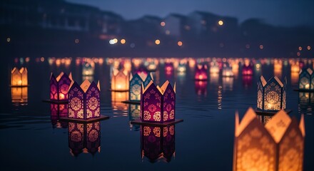 Lanterns illuminate a serene lake setting during a nighttime festival celebrating light and community spirit