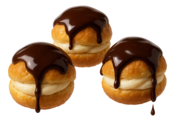Three profiteroles with creamy filling topped with glossy chocolate sauce.