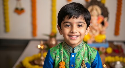 Indian boy wearing new clothes for Ganesha festival celebrations, joyfully posing in a festive setting with decorations