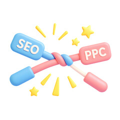 Action SEO vs PPC 3D Icon PNG Creation for Digital Marketing Success in a Colorful Environment
