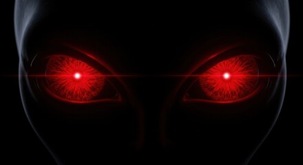 Alien head with glowing red eyes in a close up view. Science fiction horror visual with an extraterrestrial being from outer space with glowing red eyes.