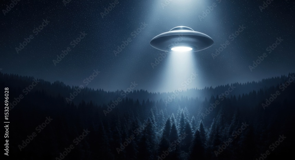 Poster unidentified flying object with light beam over dark forest under starry night sky. extraterrestrial