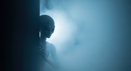 Mysterious alien peeking from a dark corner in a hazy, smoky environment with blue light, concept of extraterrestrial life and UFO.