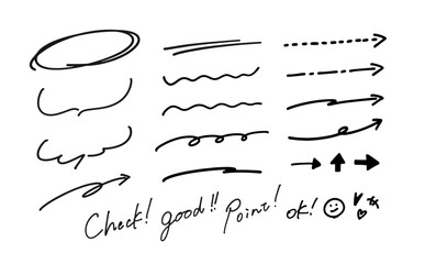 ペン風手書き矢印とあしらいのベクターイラストセット (線画・モノクロ)