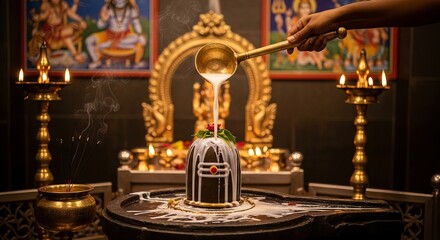 Ladle pours milk over Shiva lingam during temple ritual in sacred ambience