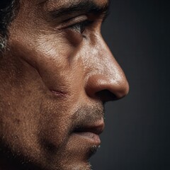 man side profile face with surgery scar on his cheek