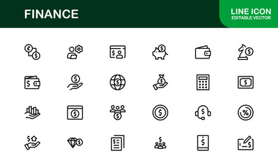 Professional Finance Icon Set with Modern Vector Illustrations for Business, Banking, Accounting, Investment, and Money Management