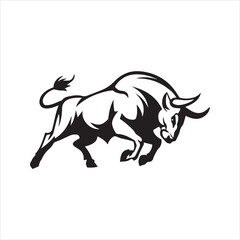 Raging bull silhouette vector. Powerful charging animal icon for sport mascot, financial logo, or strength symbol. Black graphic isolated on white