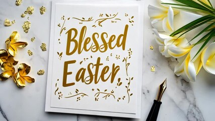 Elegant easter card design with golden accents and florals on marble surface - Powered by Adobe