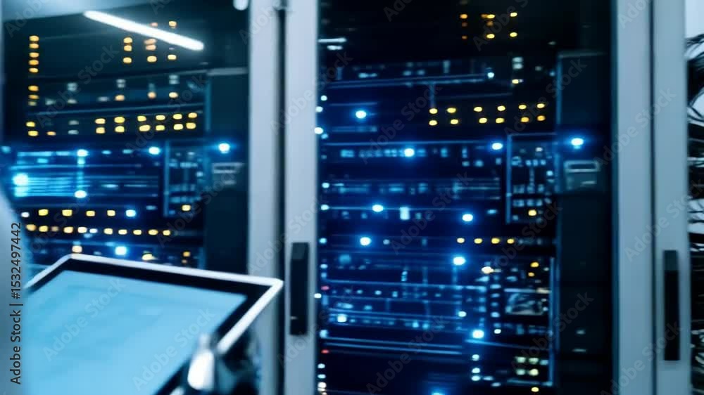 Poster cyborg holding a tablet in a server room, reviewing data on digital device with glowing server rack 