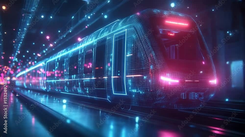 Poster futuristic digital train concept with glowing network connection in a tunnel