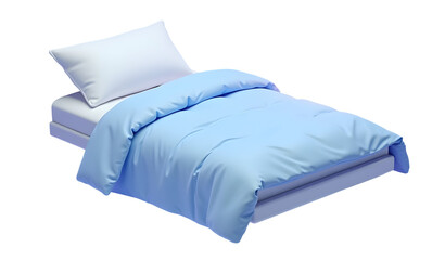 Clean made bed with blue comforter and white pillow ready for peaceful sleep
