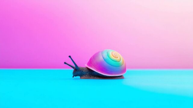A vibrant snail with a colorful shell on a bright blue surface against a pink backdrop