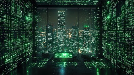 Futuristic room with city view, digital code