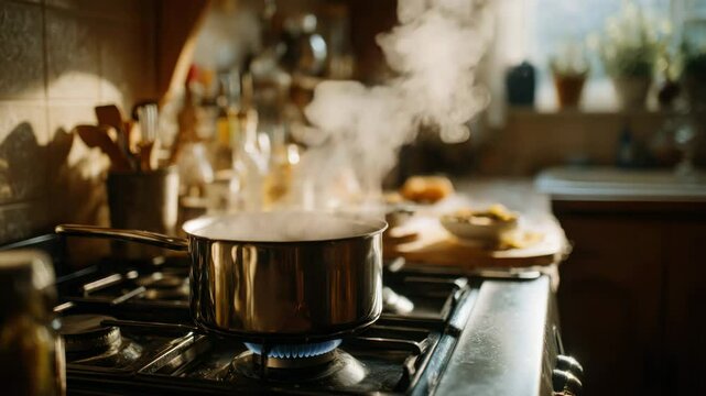 A pot of water is boiling on the stove, with steam rising from it in an open kitchen. The background features various home appliances and utensils, creating a warm atmosphere.