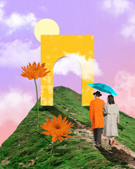 Couple walks under yellow surreal arch among flowers and hills, embracing and dreaming of shared...