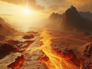 dramatic martian landscape with flowing lava under a sunset or sunrise sky. The vibrant colors and rugged terrain create a striking and intense scene.