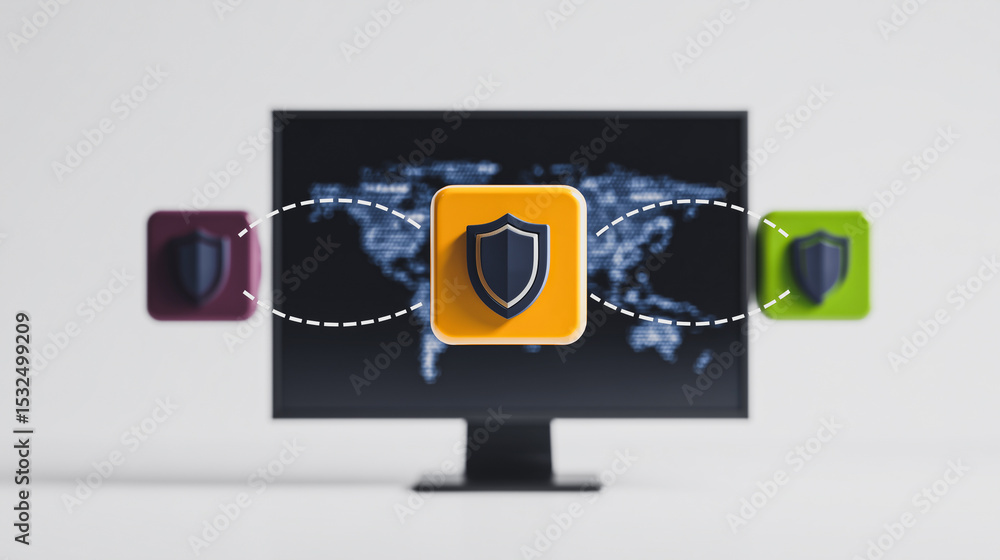 Poster cybersecurity sentinel: an insightful depiction of a computer monitor displaying a world map, augmen