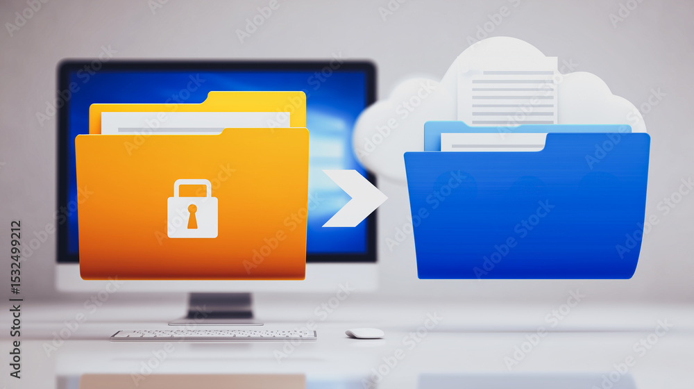 Poster cloud data protection: demonstrating secure file transfer from a computer to the cloud, symbolized b