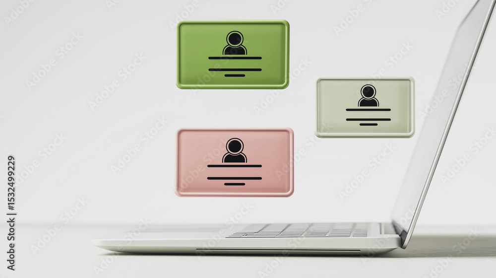 Aufkleber online identity and connection: modern laptop with three stylized contact card icons floating above 