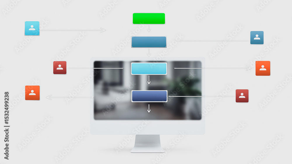 Poster organization chart display: an organization chart displays on a monitor, with nodes showing connecti
