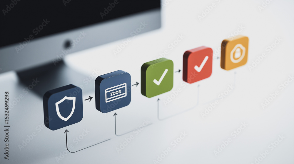 Poster e-commerce process: seamless visual representation of an e-commerce process, with colorful icons and