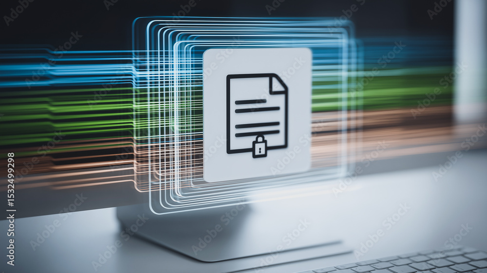 Poster secured data: a digital document icon with a lock overlaid on a computer screen symbolizes secure in