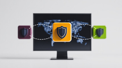 Cybersecurity Sentinel: An insightful depiction of a computer monitor displaying a world map, augmented by protective shield icons. The visual signifies robust digital security. 