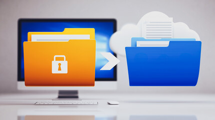 Cloud Data Protection: Demonstrating secure file transfer from a computer to the cloud, symbolized by a lock icon on a folder, evoking a sense of digital security and remote data access.