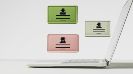 Online Identity and Connection: Modern laptop with three stylized contact card icons floating above it, symbolizing digital networking and professional online profiles.