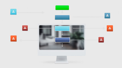 Organization Chart Display: An organization chart displays on a monitor, with nodes showing connections between roles and responsibilities in a company, symbolizing hierarchy and coordination.