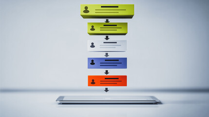 Digital Sales Funnel on Tablet: A vibrant 3D illustration of a sales funnel, depicted as colorful blocks descending onto a tablet screen.