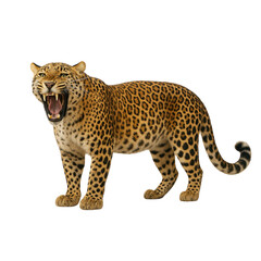 A powerful leopard stands with its mouth open, showcasing its sharp teeth and fierce expression. This majestic big cat with its distinctive spotted coat embodies raw power and wild nature.