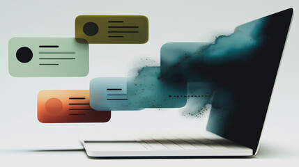 Data Loss from Laptop: A laptop screen with data disappearing into dark smoke, symbolizing data loss, cyberattack, or system failure.