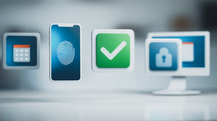 Secure Mobile Access: Smartphone displaying fingerprint authentication, linked to a computer and security symbols representing secure data access and verification.