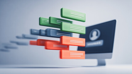 Digital Message Stream: A dynamic 3D illustration of digital message bubbles, cascading from a computer screen, signifying modern communication and seamless information flow.