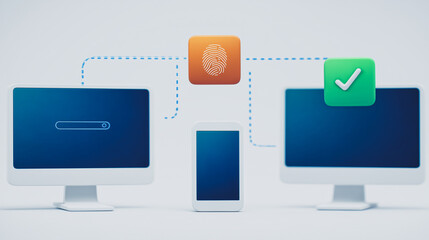 Secure Data Synchronization: A modern illustration depicts seamless data synchronization between desktop computers and a smartphone, highlighting secure authentication and verification processes.  