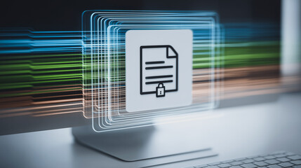 Secured Data: A digital document icon with a lock overlaid on a computer screen symbolizes secure information exchange, data protection, and online safety.