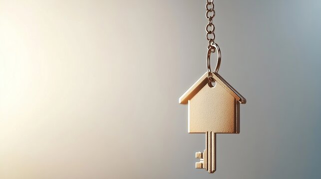 Golden house-shaped key hangs from chain against soft, light gradient background