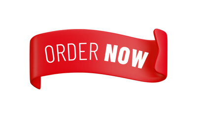 Vector cartoon 3d Order Now badge. Red label ribbon with text. Realistic 3d render online shop banner. Cute design element for web, banner design, sticker or tag, new collection sign, advert, app.