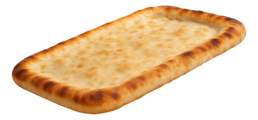 Rectangular pizza crust with golden-brown edges and a flat, smooth surface.