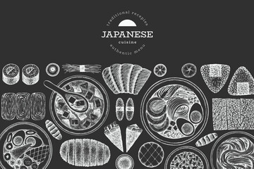 Japanese Cuisine Vector Design Template. Asian Dishes Chalk Board Hand Drawn Background. Retro Japan Traditional Food Illustration.