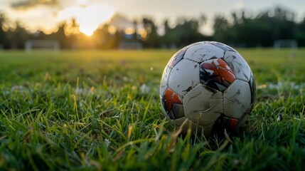 Soccer Ball on Grass Field at Sunset
