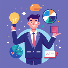 Business Concept Illustration with Lightbulb, Pie Chart, and Checklist Tablet

