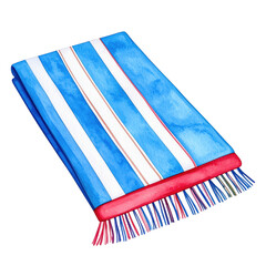 A vibrant watercolor illustration of a folded blue and white striped beach towel with red trim and colorful fringes. Ideal for summer, travel, or beach themed designs.
