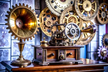 Fototapeta premium steampunk-clockwork-mechanism-with-gramophone-and-